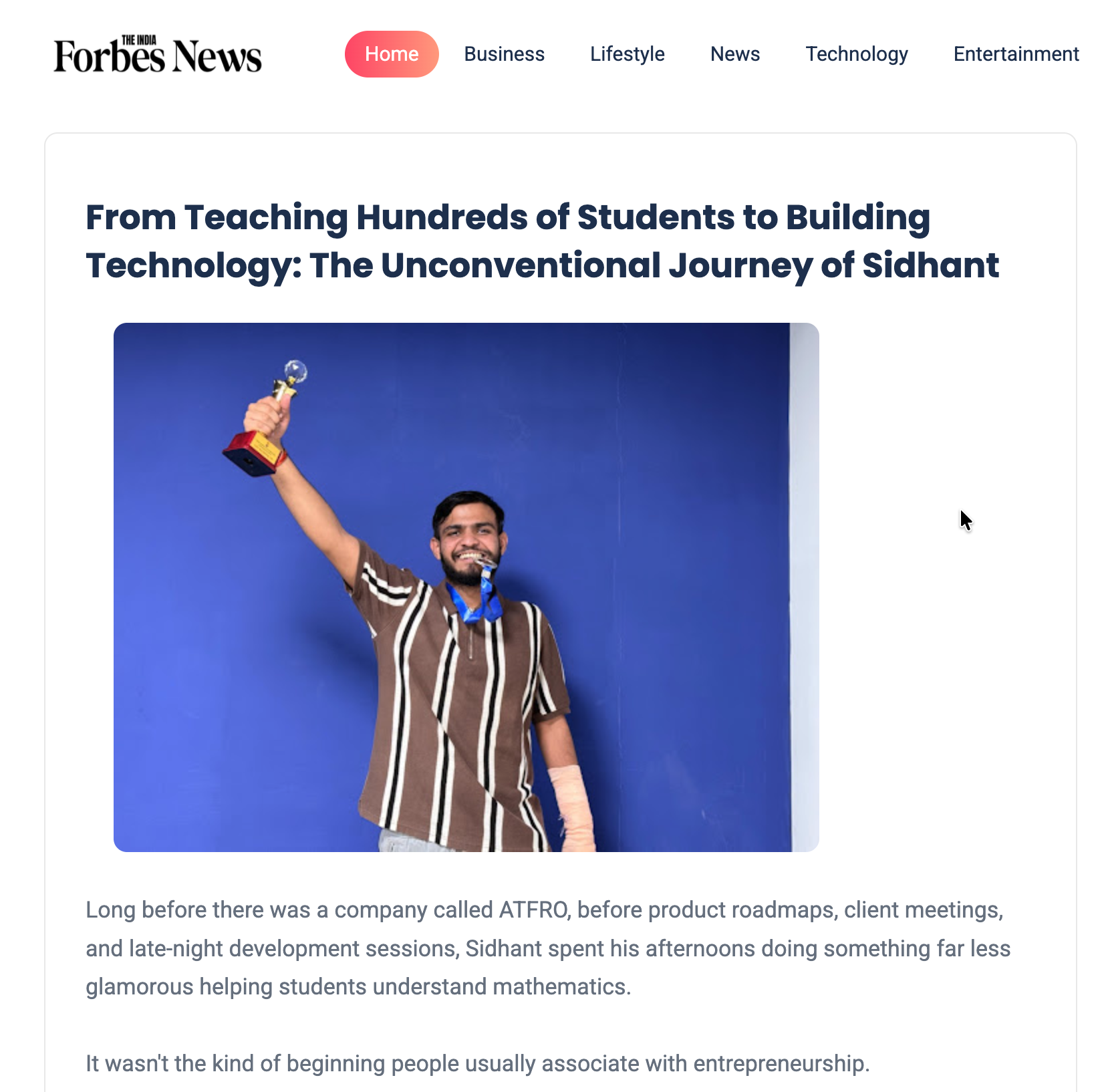 From Teaching Hundreds of Students to Building Technology: The Unconventional Journey of Sidhant - Featured Article on The India Forbes News